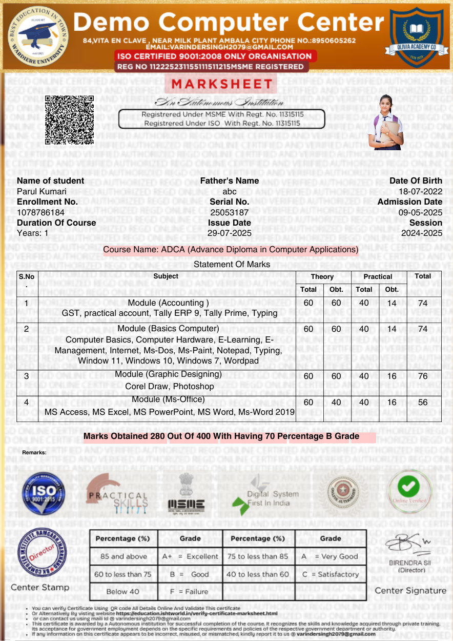 Demo computer course marksheet sample